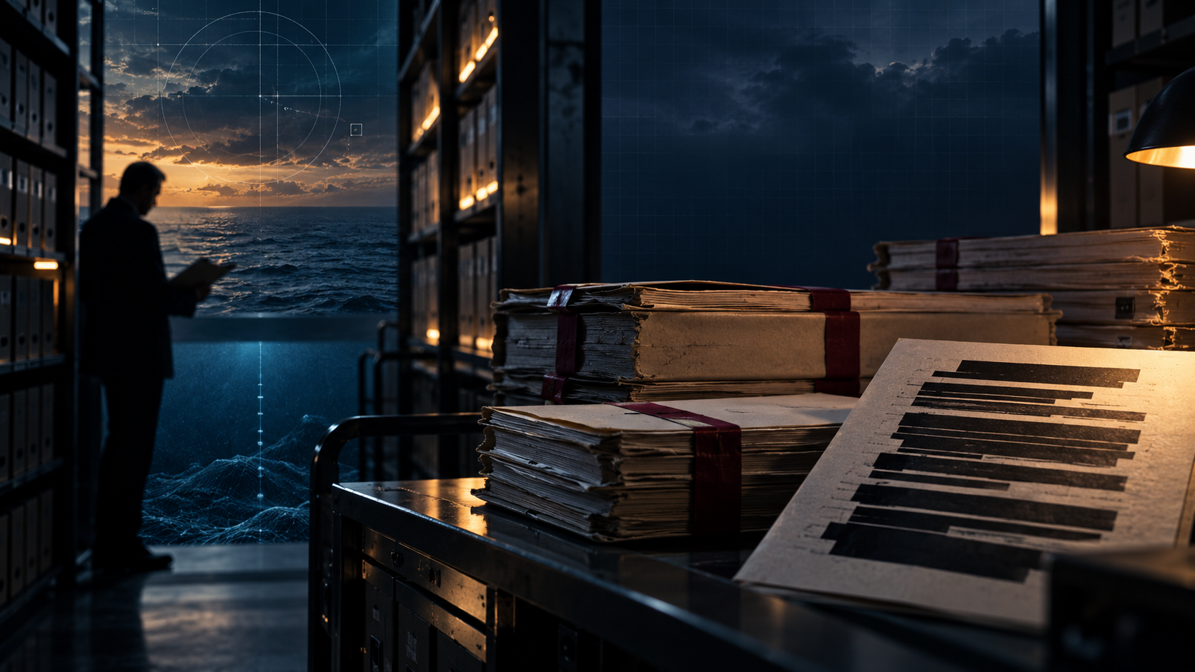 Editorial illustration of classified UAP and USO records in a secure archive. Not documentary imagery.