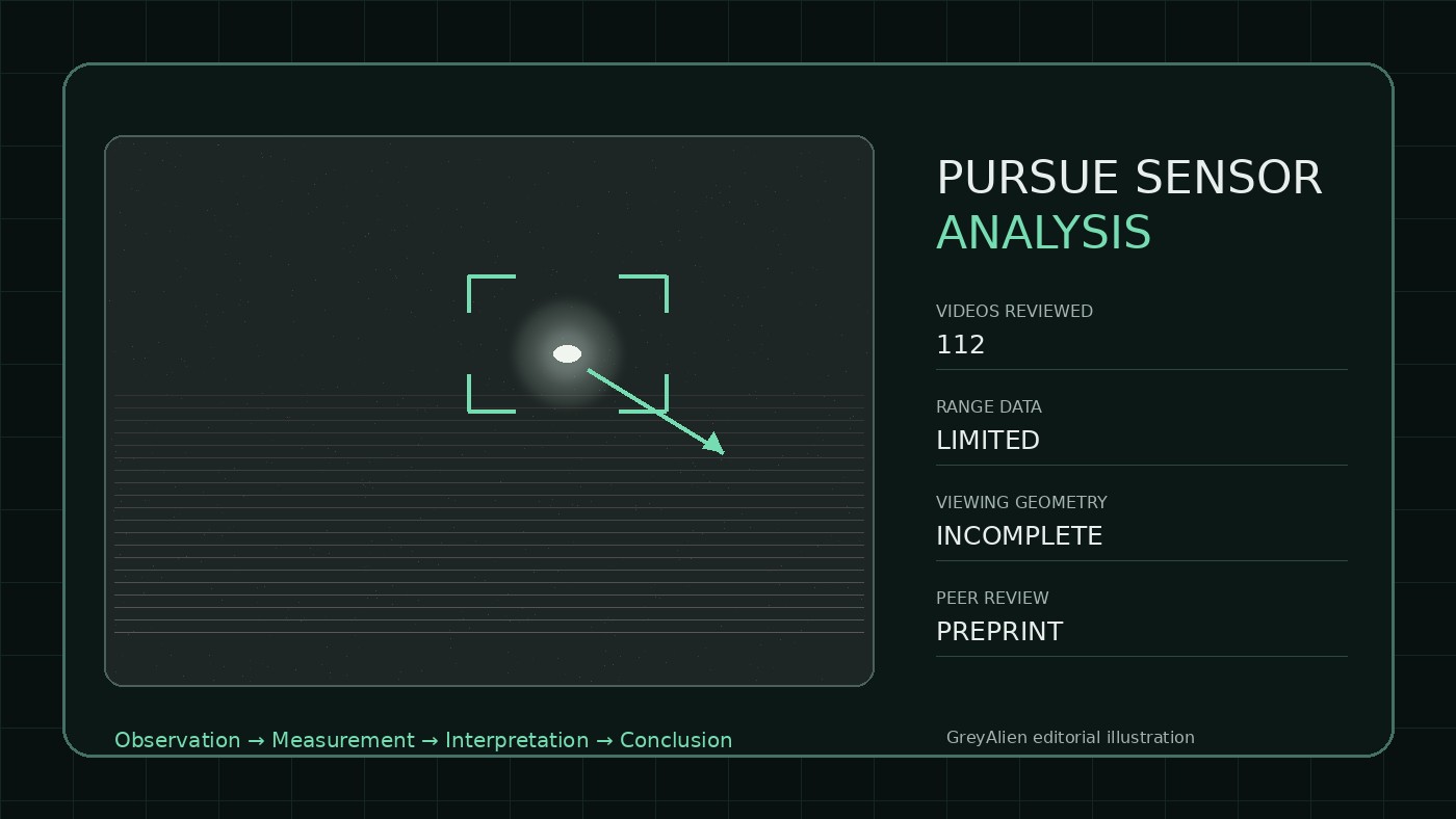 GreyAlien editorial illustration of a sensor-analysis display emphasizing incomplete range and viewing-geometry data in the PURSUE video study.