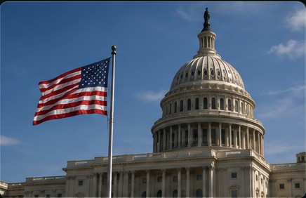 Editorial illustration of the U.S. Capitol and American flag representing government oversight and UAP disclosure efforts.