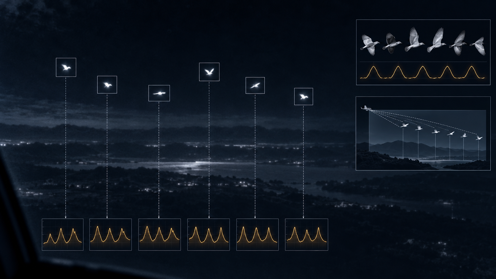 Scientific illustration showing six tracked infrared objects, six brightness waveforms, a bird-wingbeat comparison and parallax geometry.