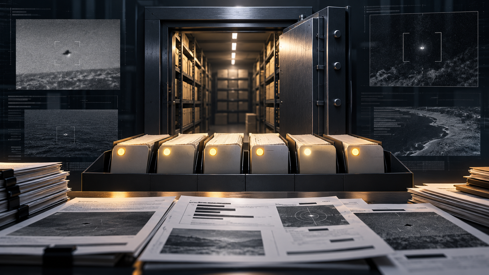 Editorial illustration of a sixth government UAP file release. Not an original government record.