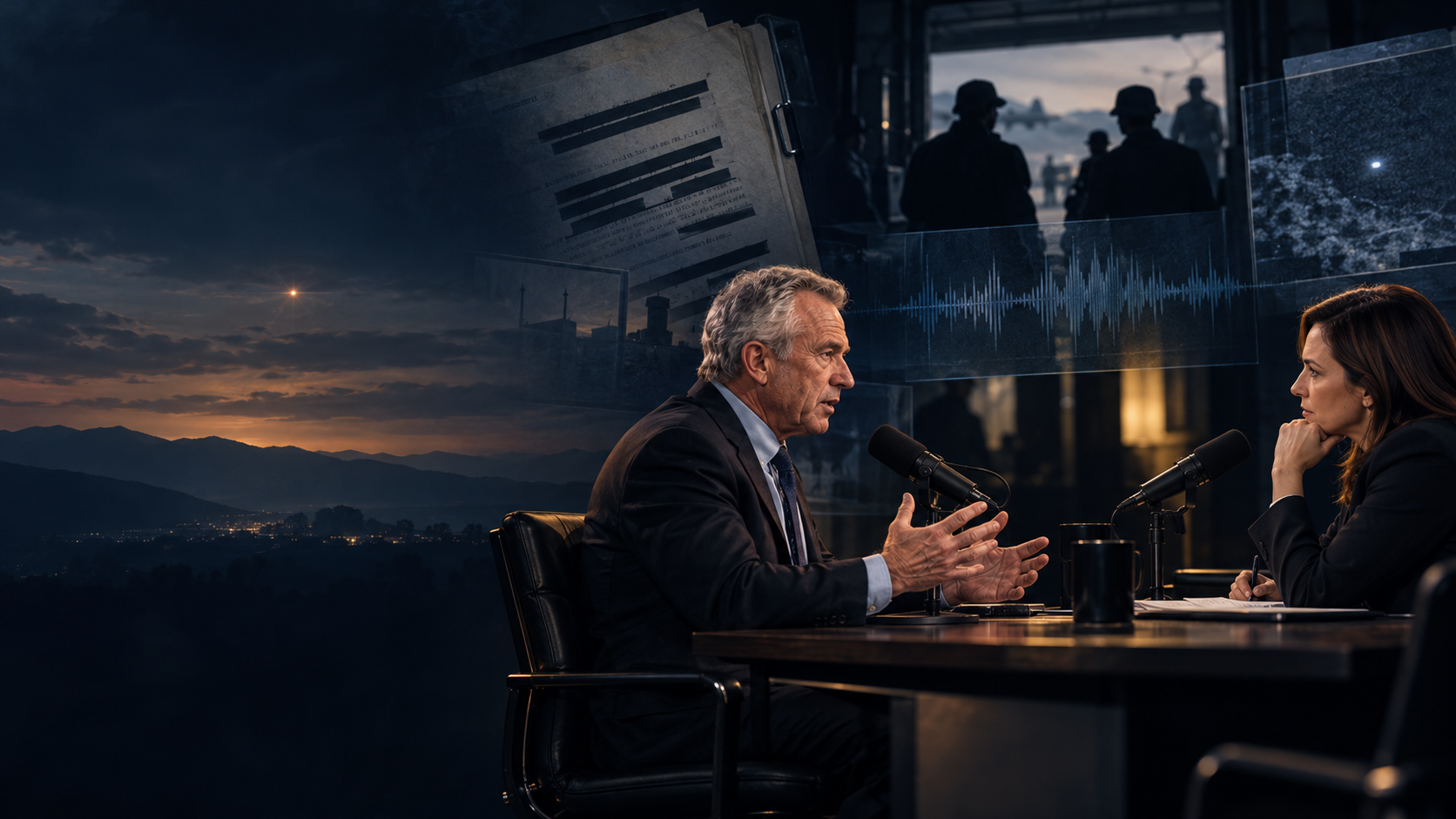 Editorial illustration of a senior government official discussing UAP briefings during a recorded interview, with a redacted file, audio waveform and unidentified military figures in the background.