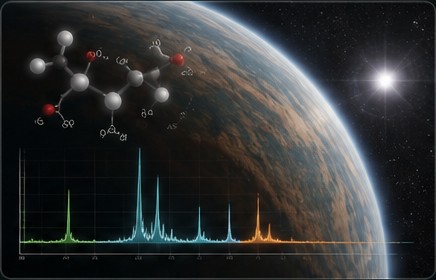 Editorial illustration of an exoplanet with molecular and spectral-analysis imagery representing the scientific search for biosignatures.