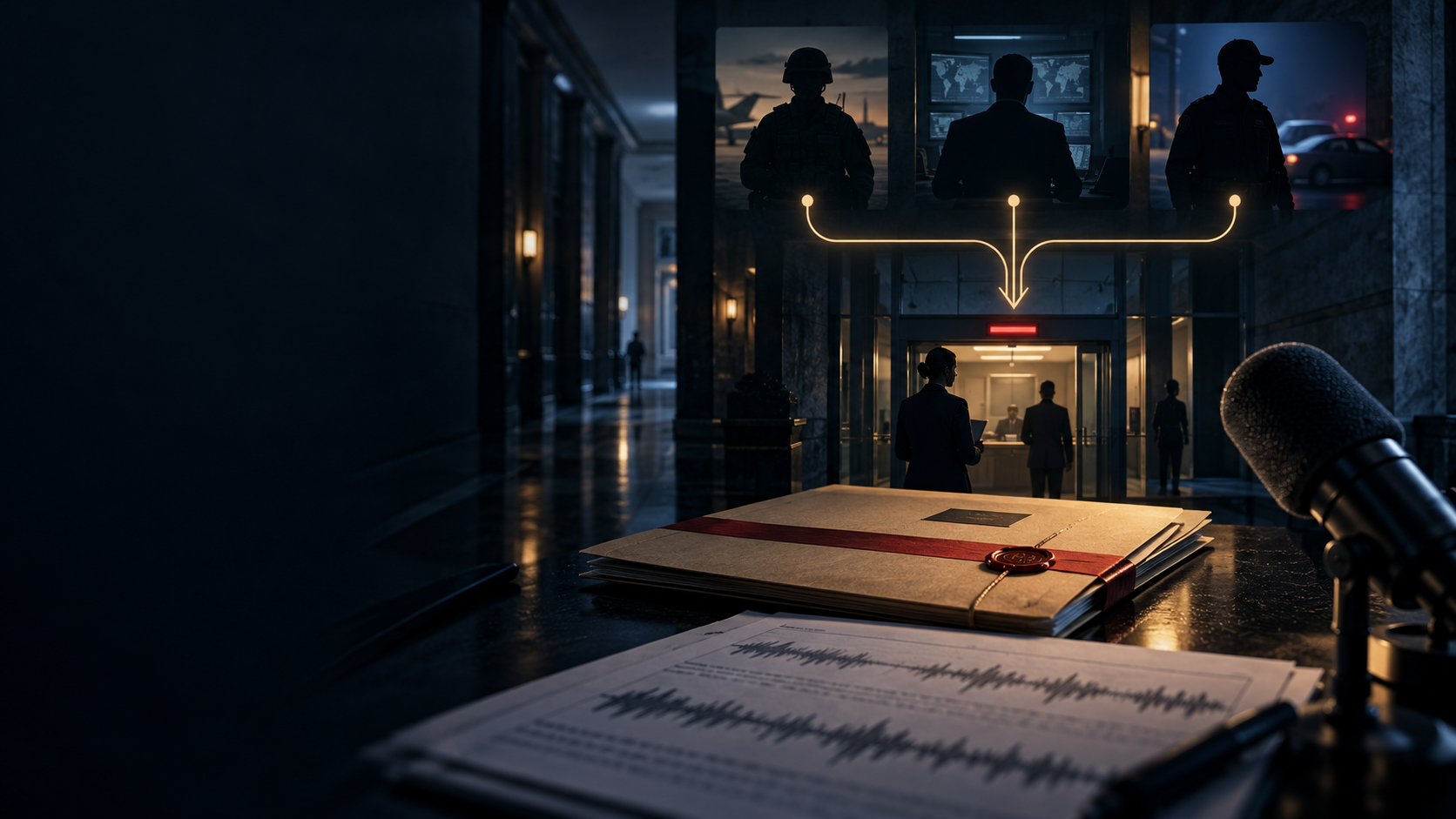 Editorial illustration of military, intelligence and law-enforcement reporting paths converging on a secure government office, with a sealed directive folder and recorded-discussion waveform.