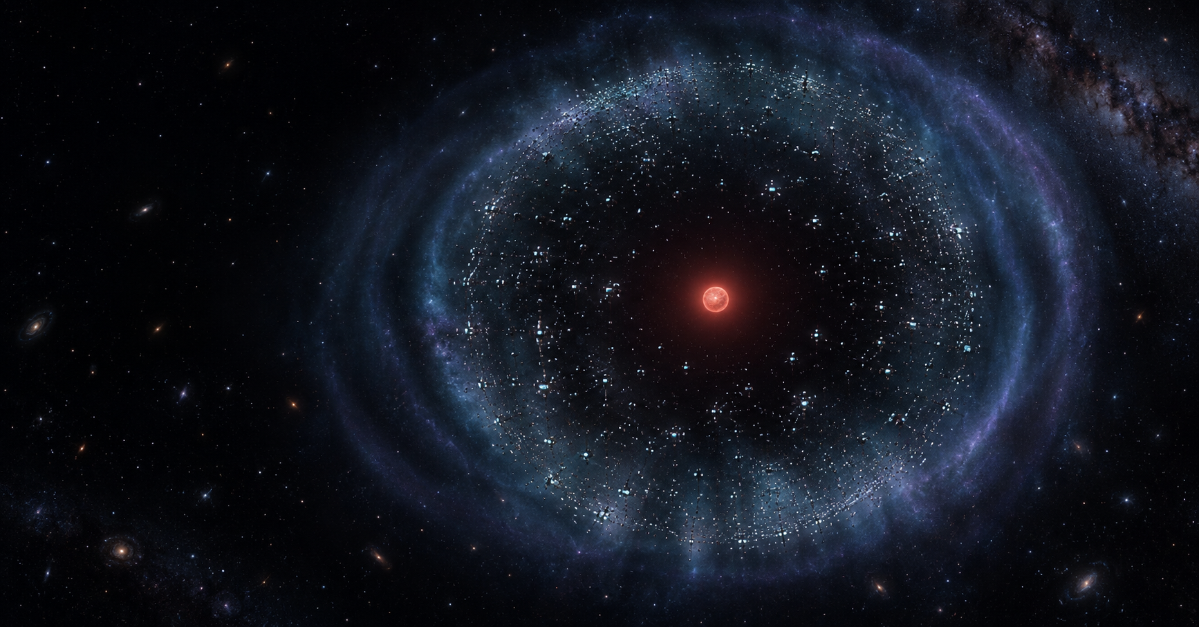 Scientific editorial visualization of a hypothetical cold computational halo surrounding a dim red dwarf star.