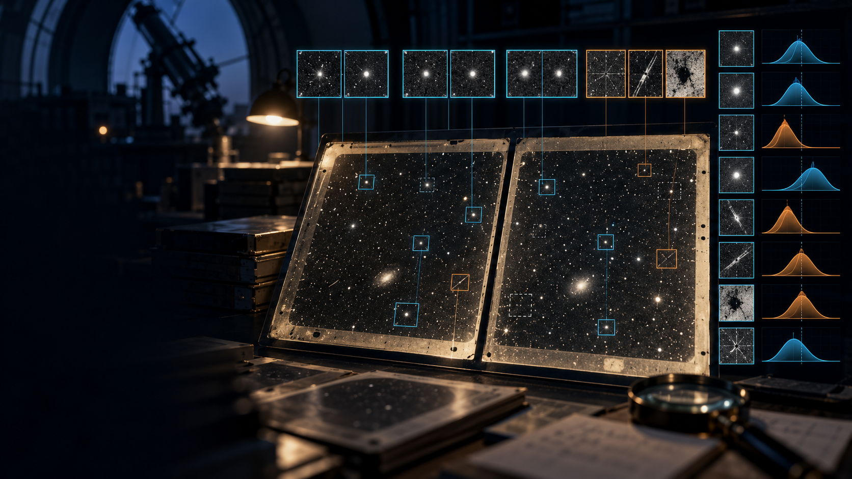 Scientific editorial illustration of paired historical astronomical plates being analyzed by a machine-learning system to distinguish transient point sources from scratches and plate defects.